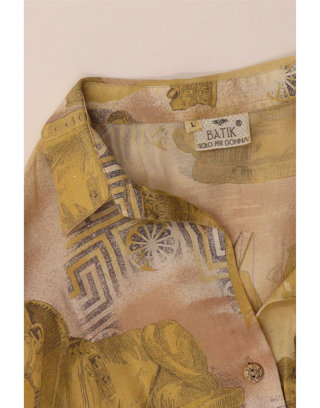 Vintage mujer patrón abstracto camisa blusa Reino Unido 16 amarillo grande