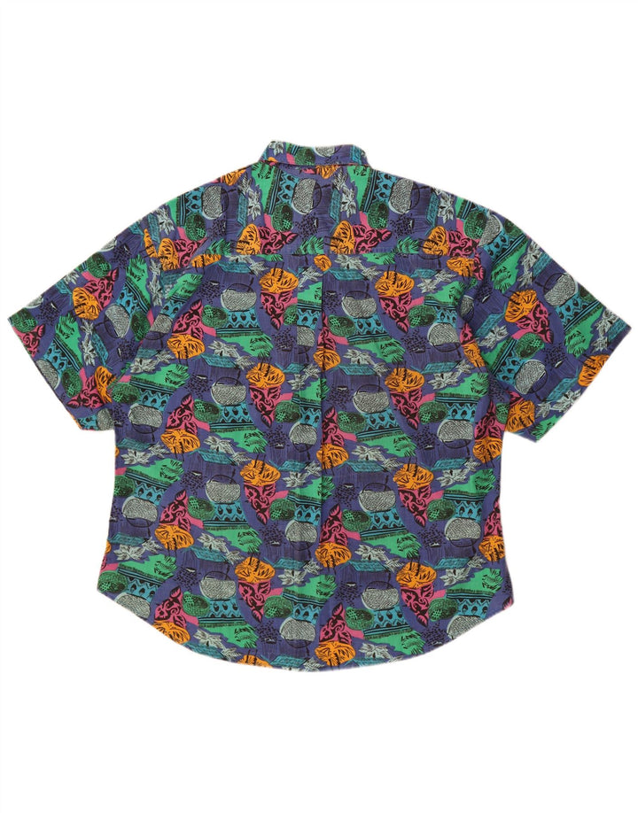 Vintage hombres patrón abstracto camisa de manga corta XL algodón azul