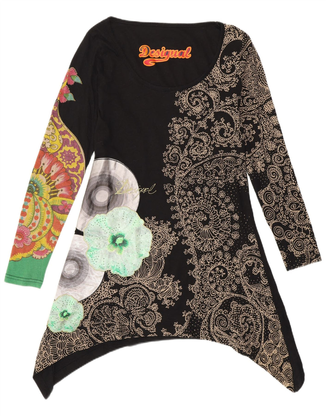 Desigual Mujer Gráfico Túnica Asimétrica Top Reino Unido 10 Pequeño Negro Floral