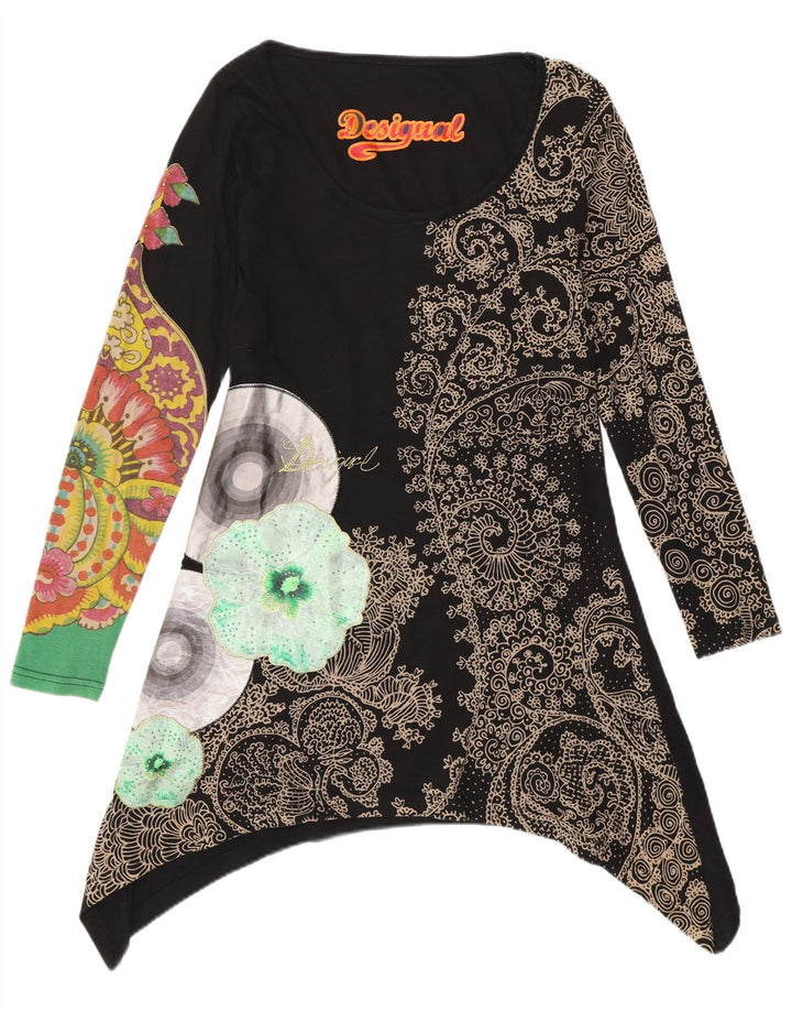 Desigual Mujer Gráfico Túnica Asimétrica Top Reino Unido 10 Pequeño Negro Floral