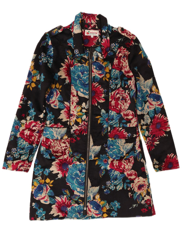Vintage mujer terciopelo militar abrigo Reino Unido 6 XS negro floral algodón