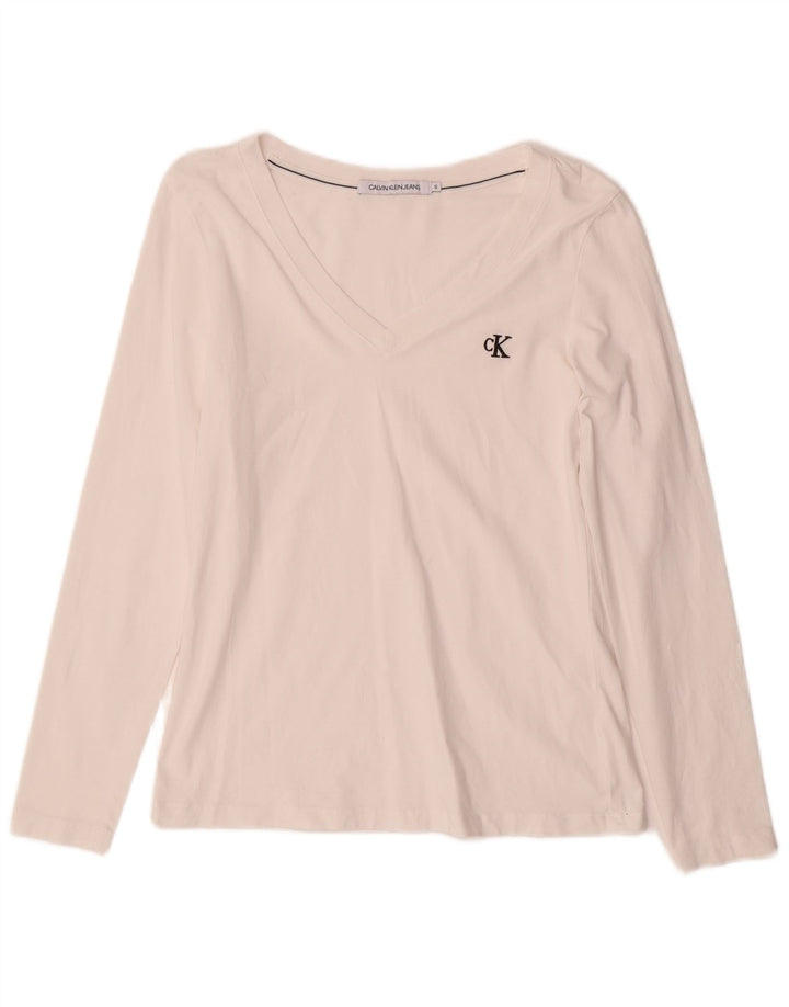CALVIN KLEIN JEANS Top Mujer Manga Larga UK 10 Small Blanco