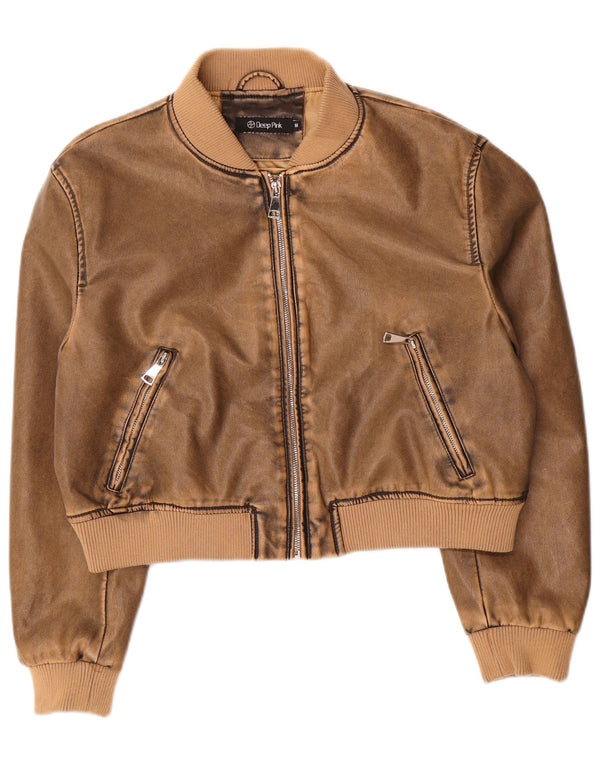 Vintage mujer crop faux cuero bomber chaqueta Reino Unido 14 marrón medio