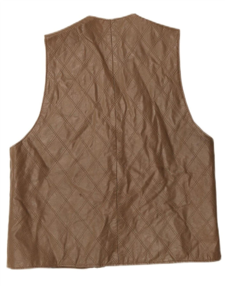 VINTAGE Womens Leather Waistcoat UK 16 Large Brown Check