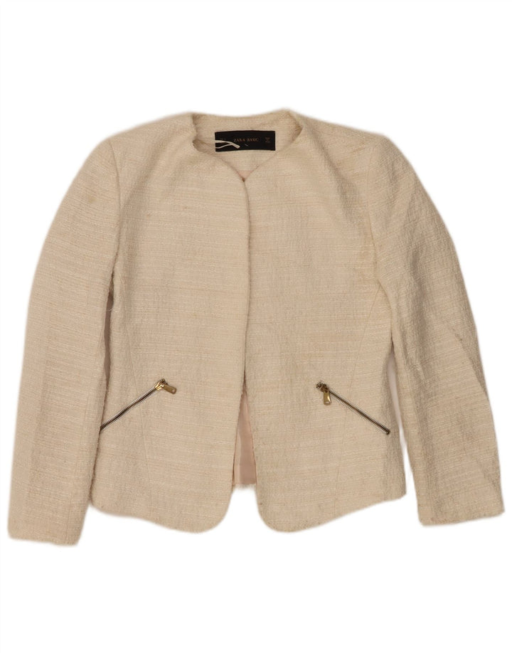 Zara Mujer Chaqueta Americana Abierta UK 10 Small Off White Poliacrílico