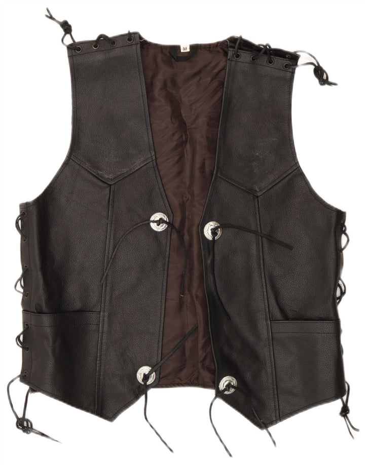 Vintage hombres cuero chaleco medio negro biker