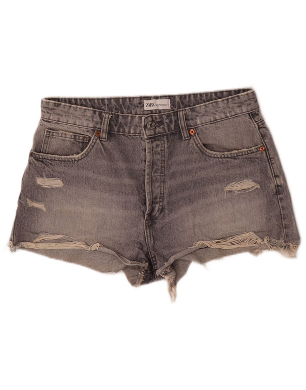 Zara Pantalones cortos de mezclilla desgastados para mujer EU 42 Large W32 Algodón gris