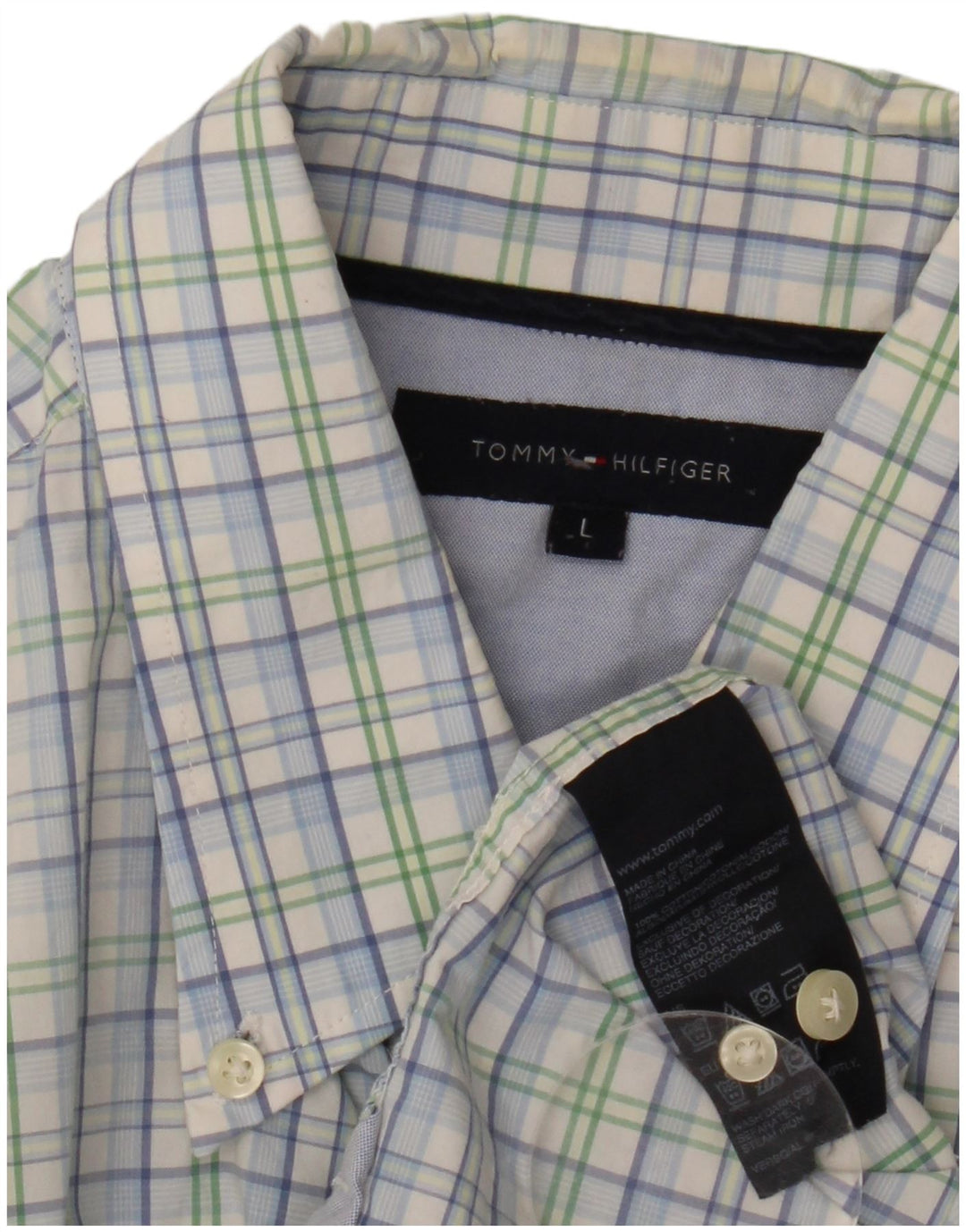 TOMMY HILFIGER Camisa de manga corta para hombre Large Blue Check Cotton