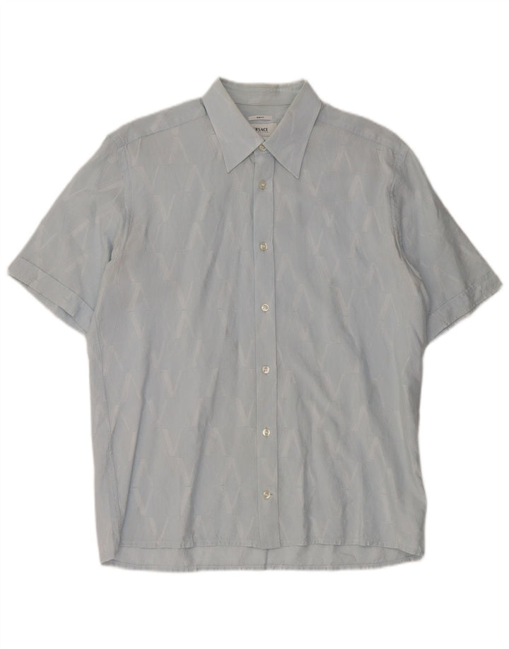 Versace Camisa Manga Corta Hombre Talla 40 15 3/4 Medio Azul Geométrico