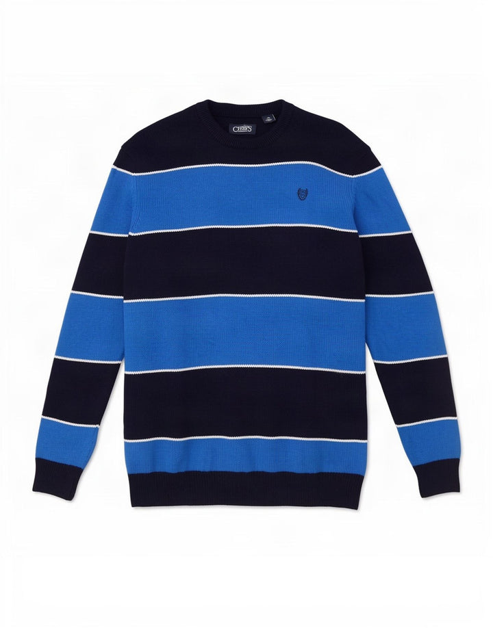 Chaps - Jersey de cuello redondo para hombre, talla grande, algodón a rayas, color azul marino