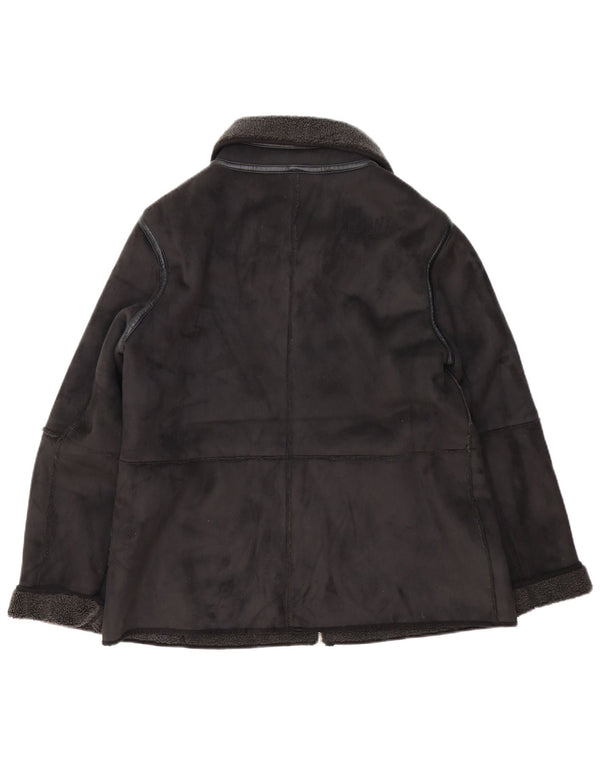 Vintage mujer faux ante Sherpa chaqueta Reino Unido 20 2XL poliéster negro