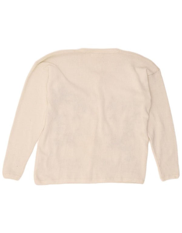 Vintage mujer Cardigan suéter Reino Unido 18 XL poliéster floral blanco