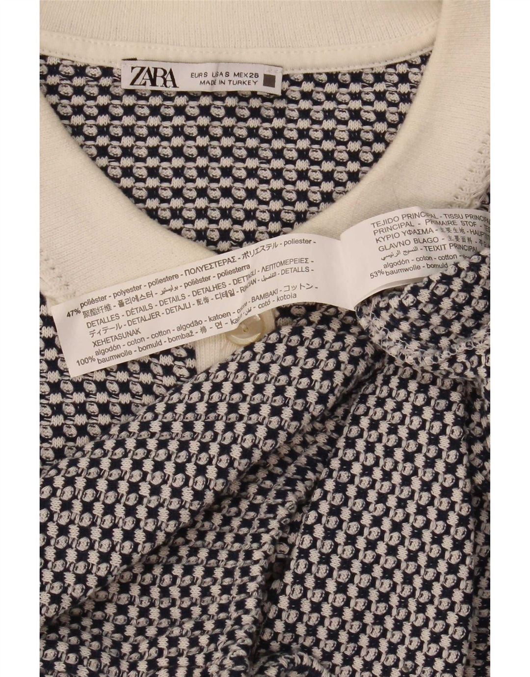Zara Polo Corto Mujer UK 10 Poliéster Geométrico Azul Pequeño