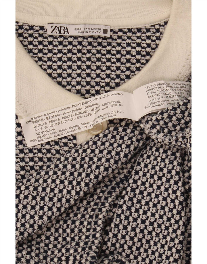 Zara Polo Corto Mujer UK 10 Poliéster Geométrico Azul Pequeño