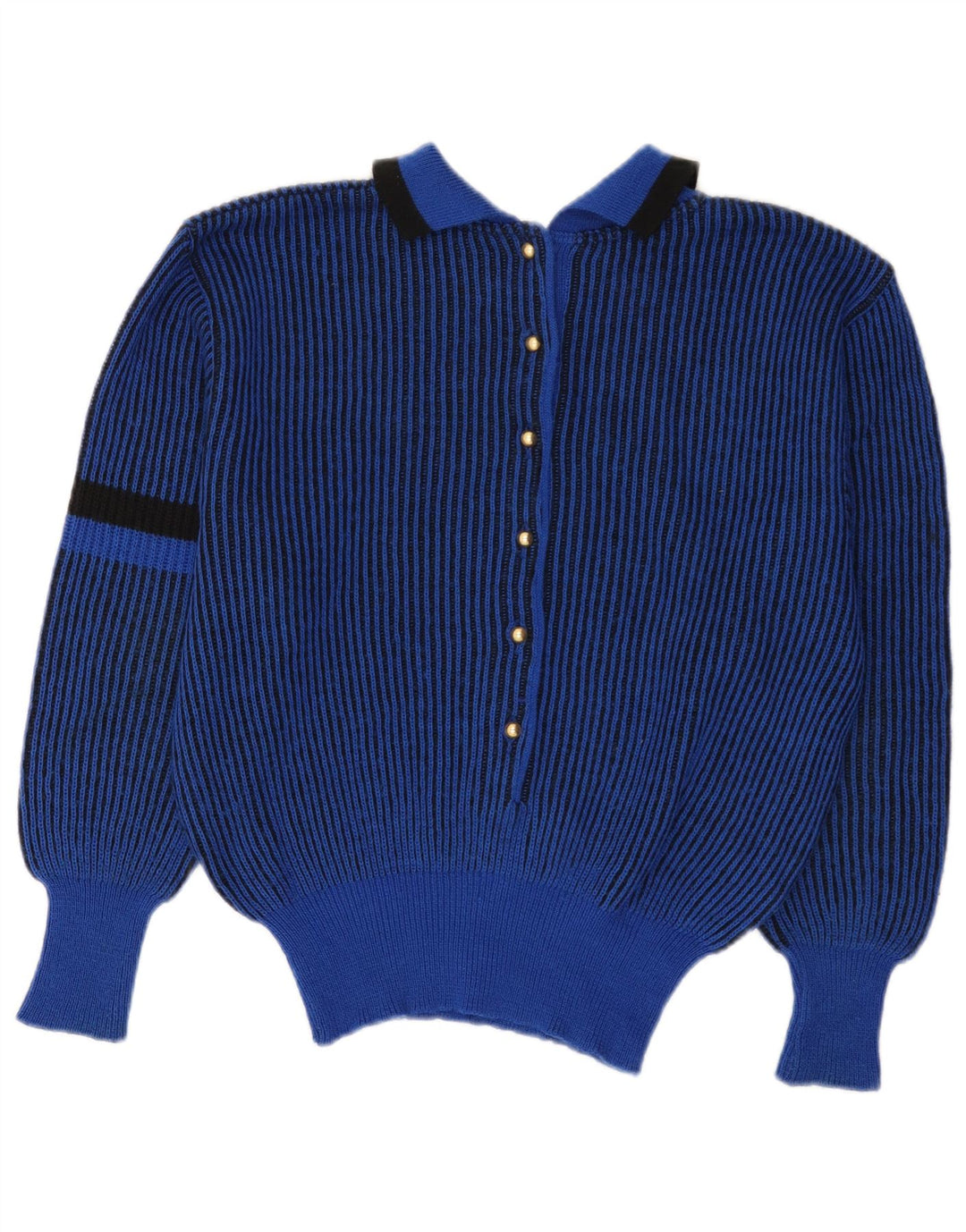 VINTAGE Mujer Polo Cuello Jersey Suéter Reino Unido 12 Rayas Azul Medianas