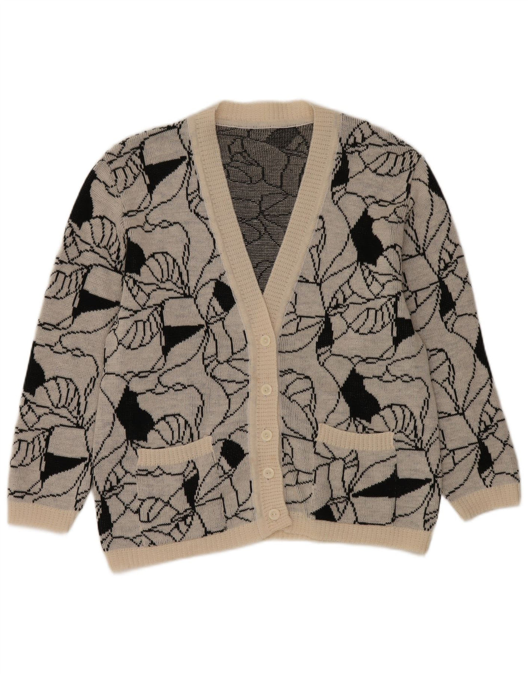 Vintage mujeres patrón abstracto cardigan suéter Reino Unido 14 gris grande