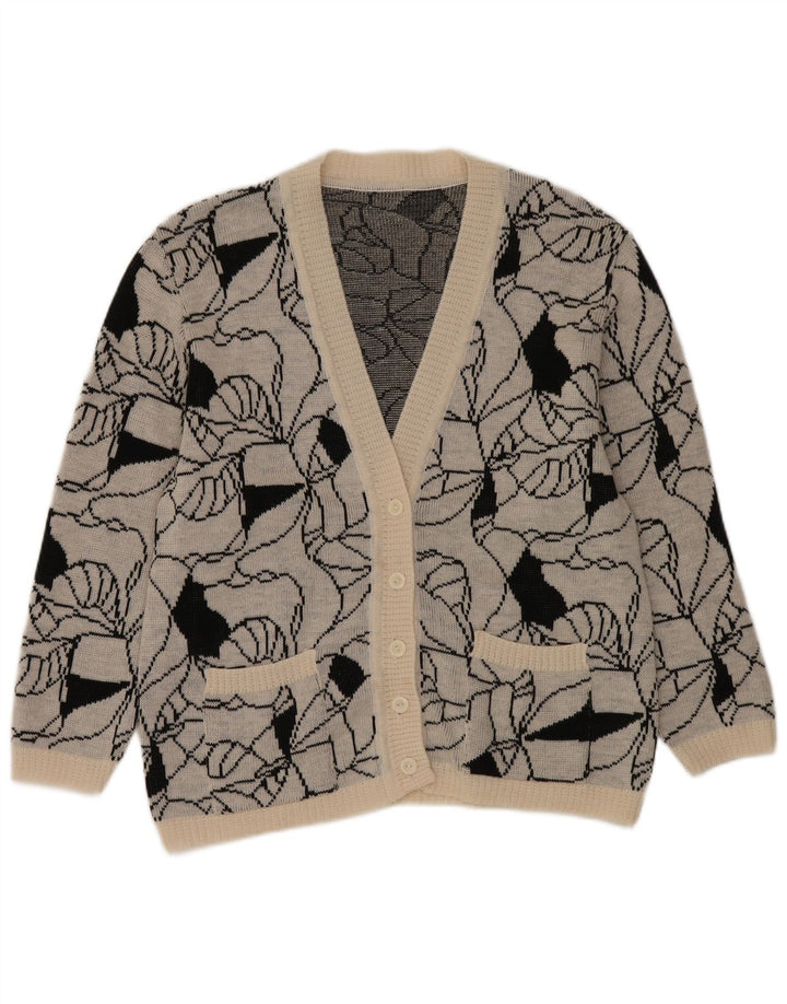 Vintage mujeres patrón abstracto cardigan suéter Reino Unido 14 gris grande