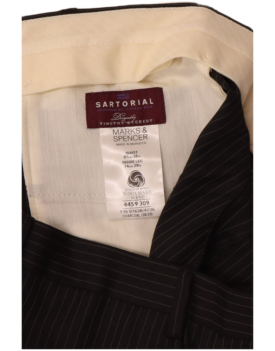 MARKS & SPENCER Pantalón de traje recto para hombre W38 L29 Lana gris a rayas