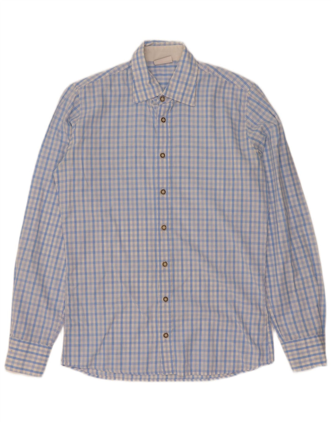 Vintage hombres camisa tamaño 37 38 pequeño azul gingham algodón