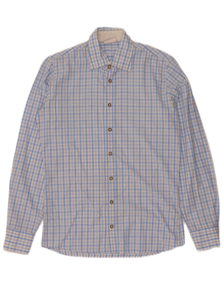 Vintage hombres camisa tamaño 37 38 pequeño azul gingham algodón