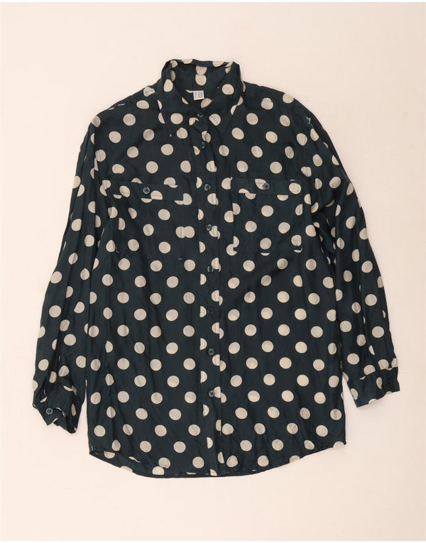 Vintage mujer longline relajado ajuste camisa Reino Unido 8/10 pequeño azul marino lunares
