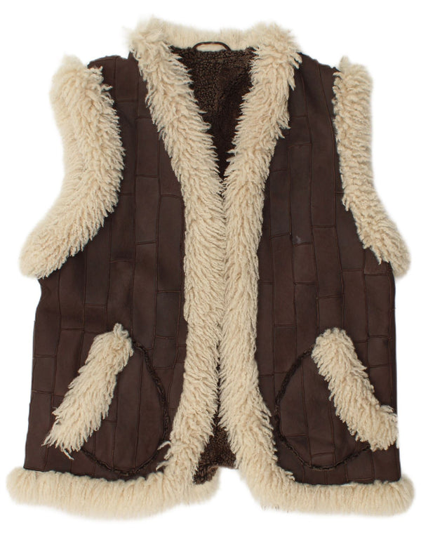 Vintage mujer Sherpa cuero Gilet EU 46 XL Marrón
