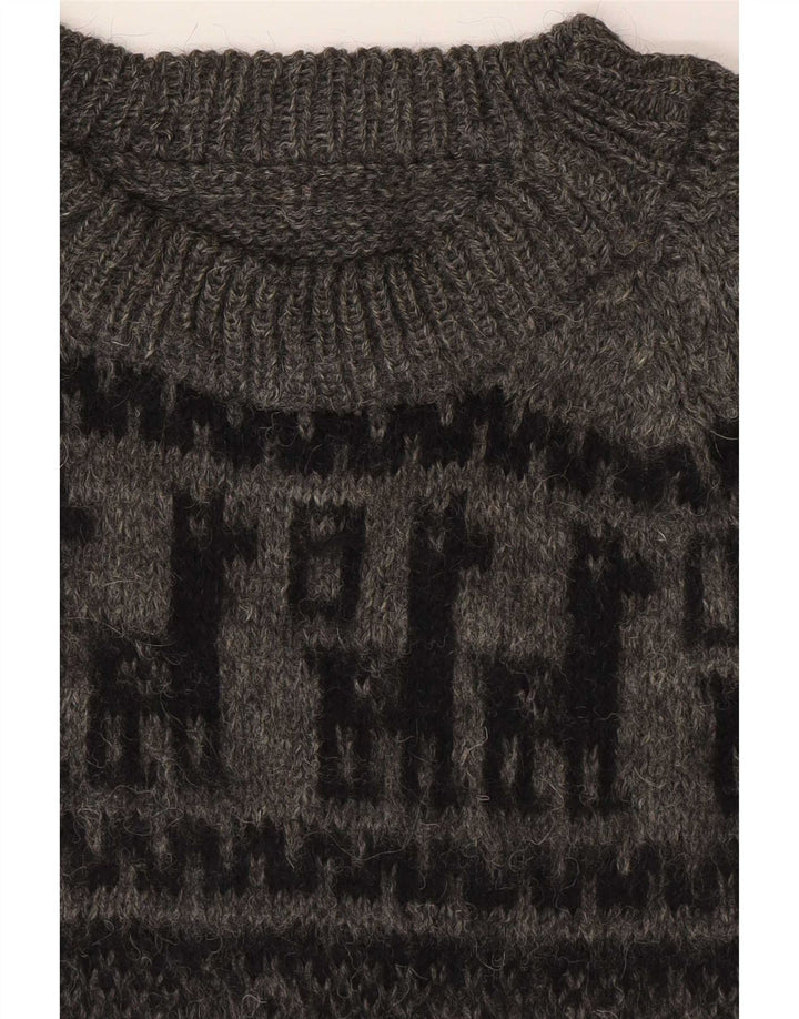 Vintage hombres cuello redondo jersey suéter pequeño gris geométrico
