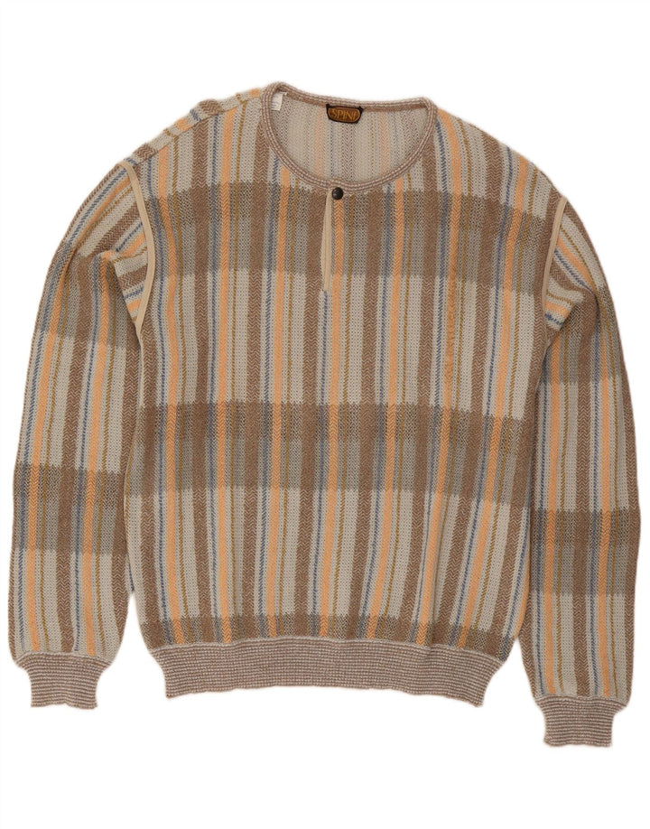 Vintage hombres botón cuello jersey suéter IT 54 XL gris comprobar algodón