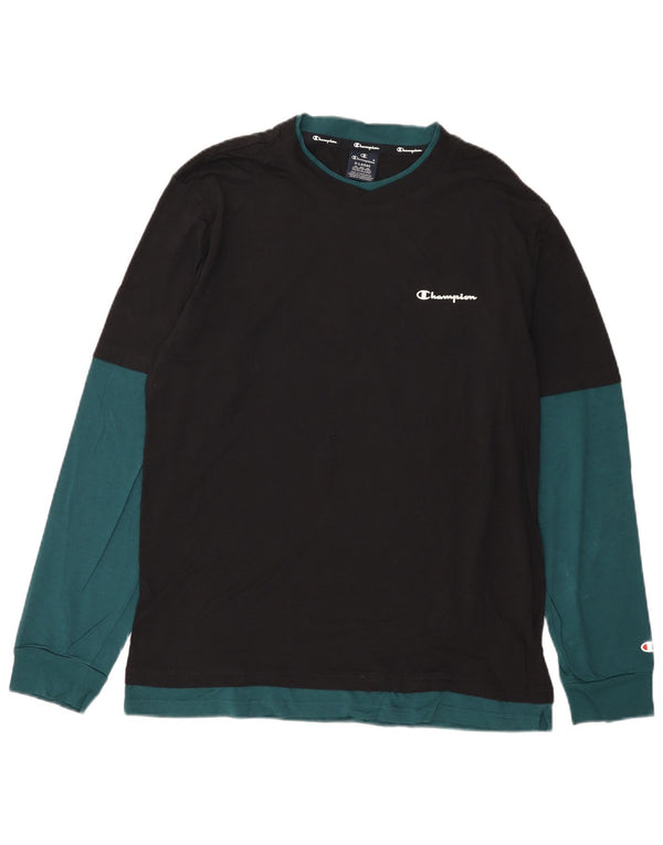 Champion Camiseta De Manga Larga Para Hombre XL Algodón Color Block Negro