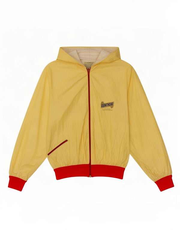 Vintage mujer gráfica chaqueta de lluvia con capucha Reino Unido 14 bloque de color amarillo medio