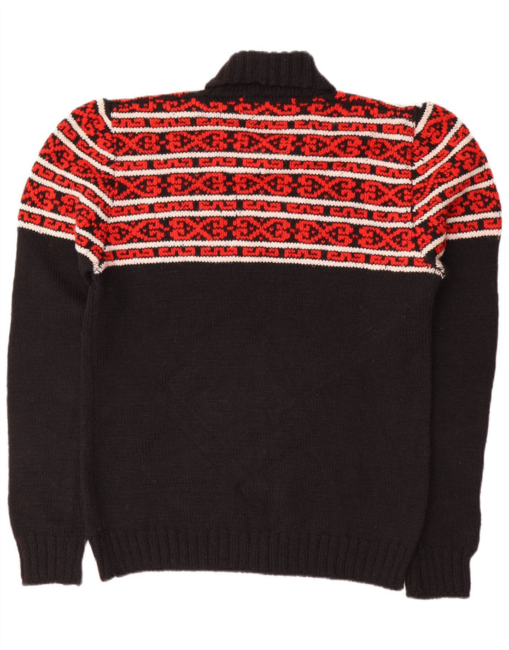Vintage hombres rollo cuello jersey suéter medio negro Fair Isle