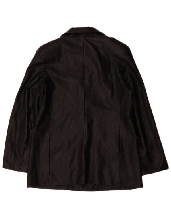 VINTAGE Mujer 1 Botón Chaqueta Blazer de Cuero Sintético Reino Unido 12 Negro Medio