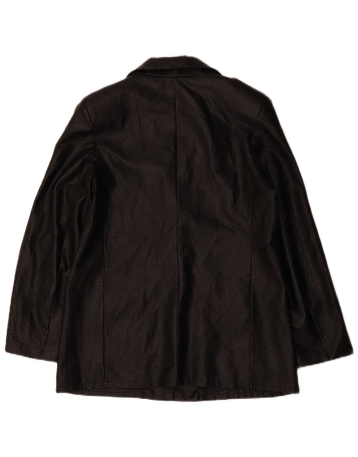 VINTAGE Mujer 1 Botón Chaqueta Blazer de Cuero Sintético Reino Unido 12 Negro Medio