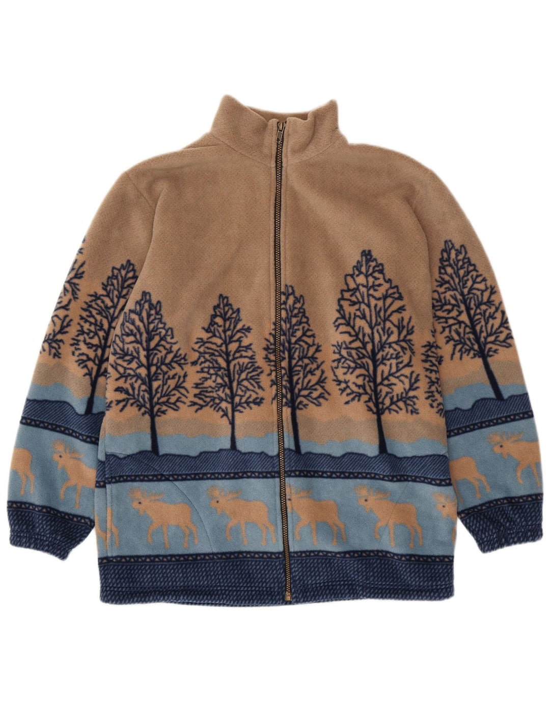 VINTAGE Chaqueta polar para mujer Reino Unido 14/16 Poliéster con estampado animal beige grande