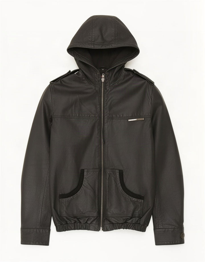Superdry Chaqueta militar de cuero con capucha para hombre, talla 38, talla mediana, negra