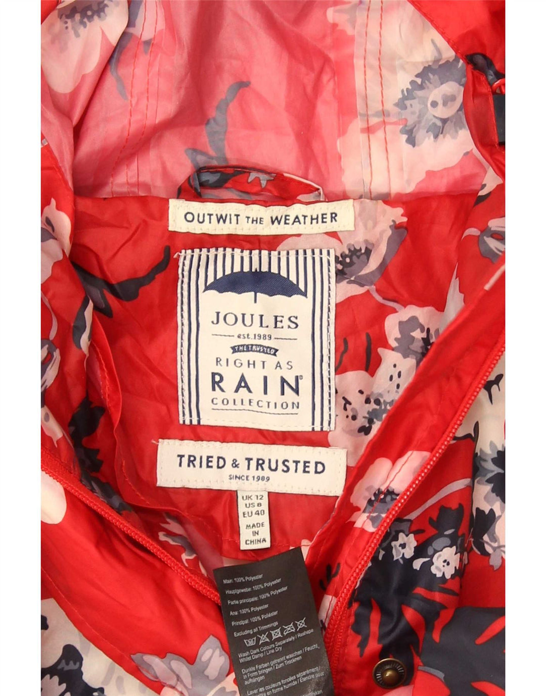 Chubasquero con capucha para mujer Joules UK 42 Poliéster floral rojo mediano