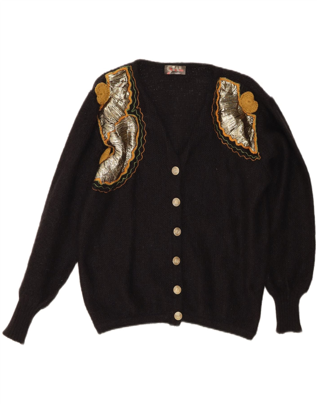 Vintage mujer Cardigan suéter Reino Unido 16 grande negro Mohair