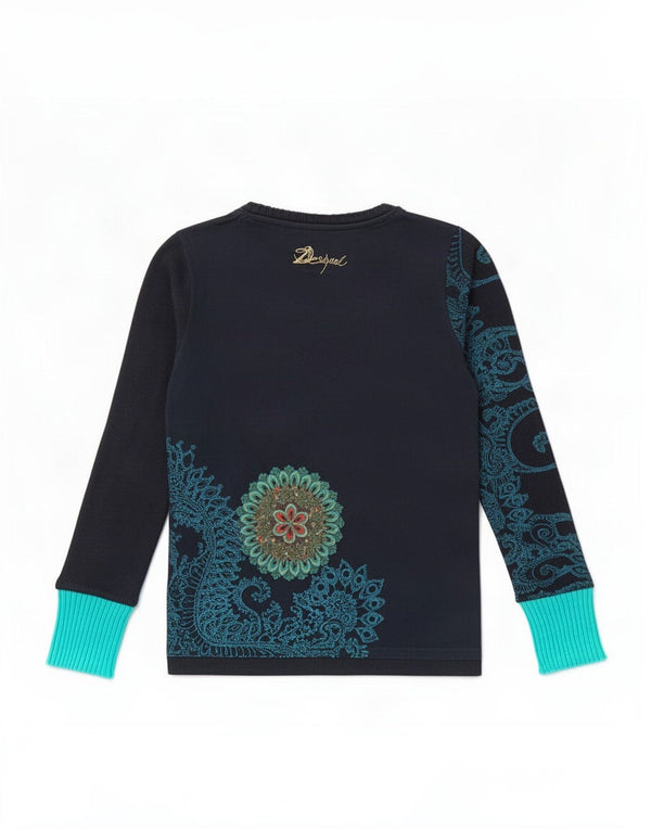 Desigual Mujer Gráfico Top Manga Larga UK 40 Medio Azul Marino Floral