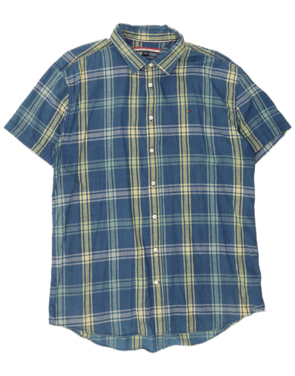 Tommy Hilfiger Camisa de manga corta para hombre 2XL Algodón a cuadros azul
