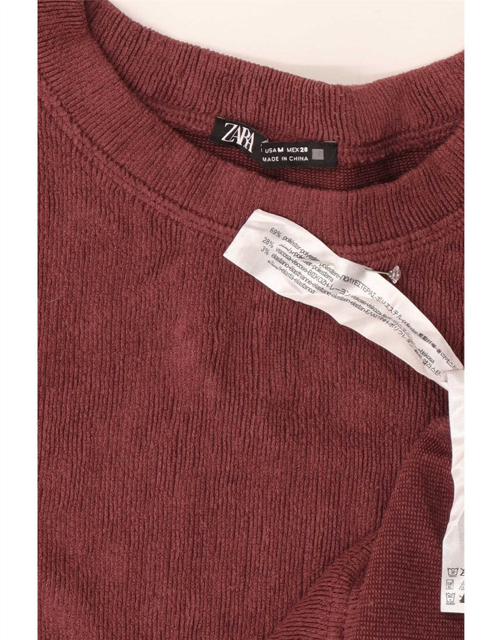 Zara Mujer Velour Top Manga Larga UK 44 Medio Borgoña Poliéster