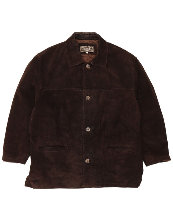 Vintage hombres suelta ajuste gamuza chaqueta Reino Unido 36 pequeño cuero marrón