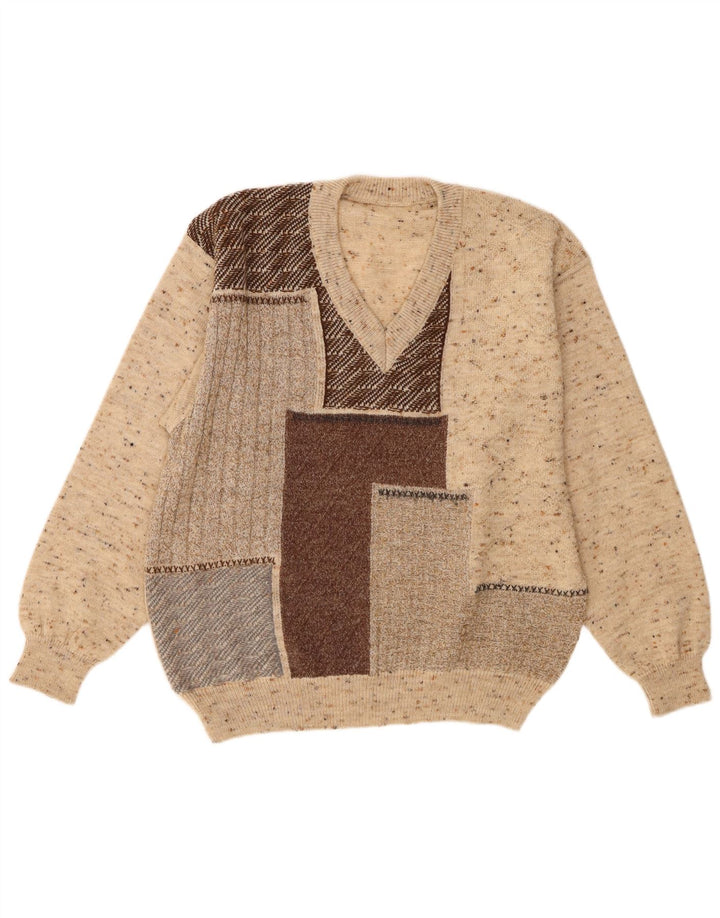 Vintage hombre V-cuello jersey suéter IT 48 medio beige colorblock lana