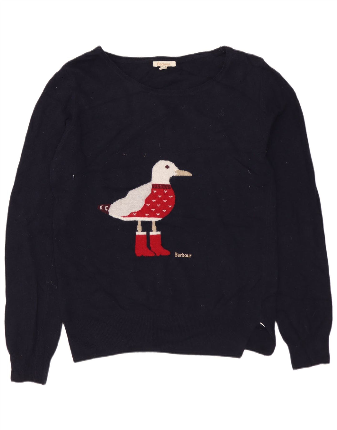 BARBOUR Suéter gráfico para mujer con cuello barco UK 10 Small Navy Blue Wool