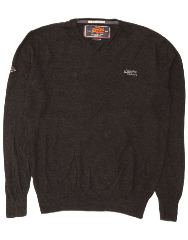 Superdry Mens V-Neck Jumper Sweater XL Grey Cotton