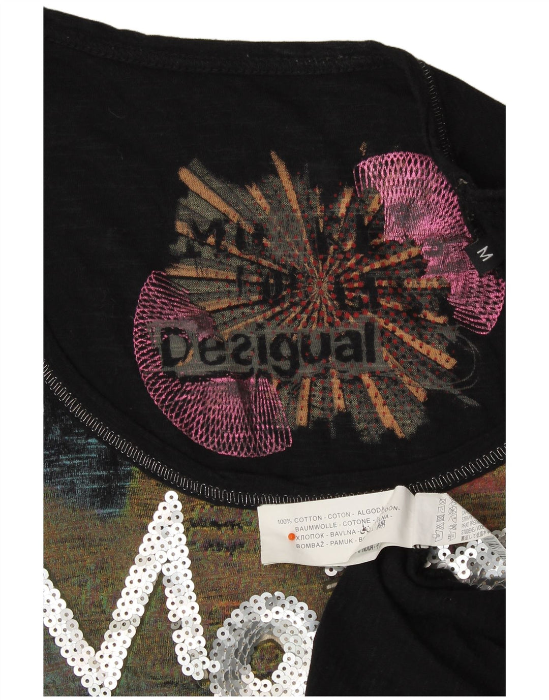 DESIGUAL Top gráfico para mujer de manga larga UK 12 Medium Black Designer