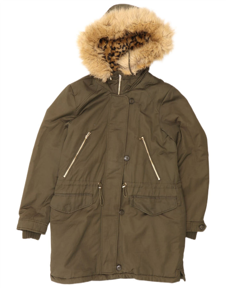 Zara Mujer Parka Con Capucha Chaqueta UK 44 Mediano Caqui Poliéster