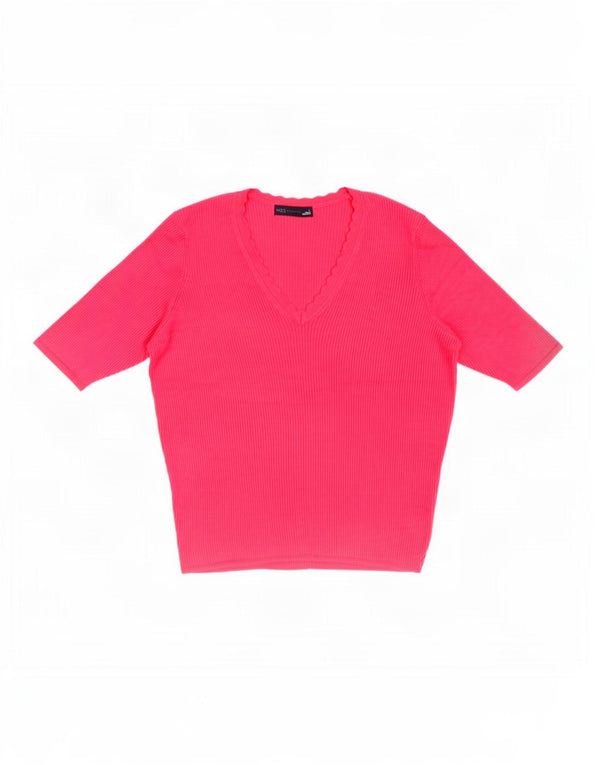 Marks & Spencer Womens Short Sleeve V-Neck Jumper Sweater UK 14 Large Pink