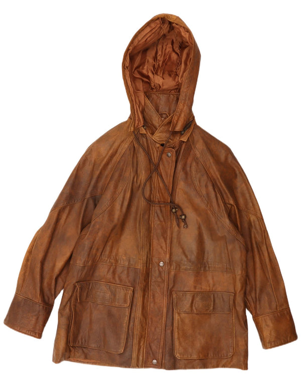 Vintage mujer con capucha chaqueta de cuero de ajuste suelto Reino Unido 16 cuero marrón grande