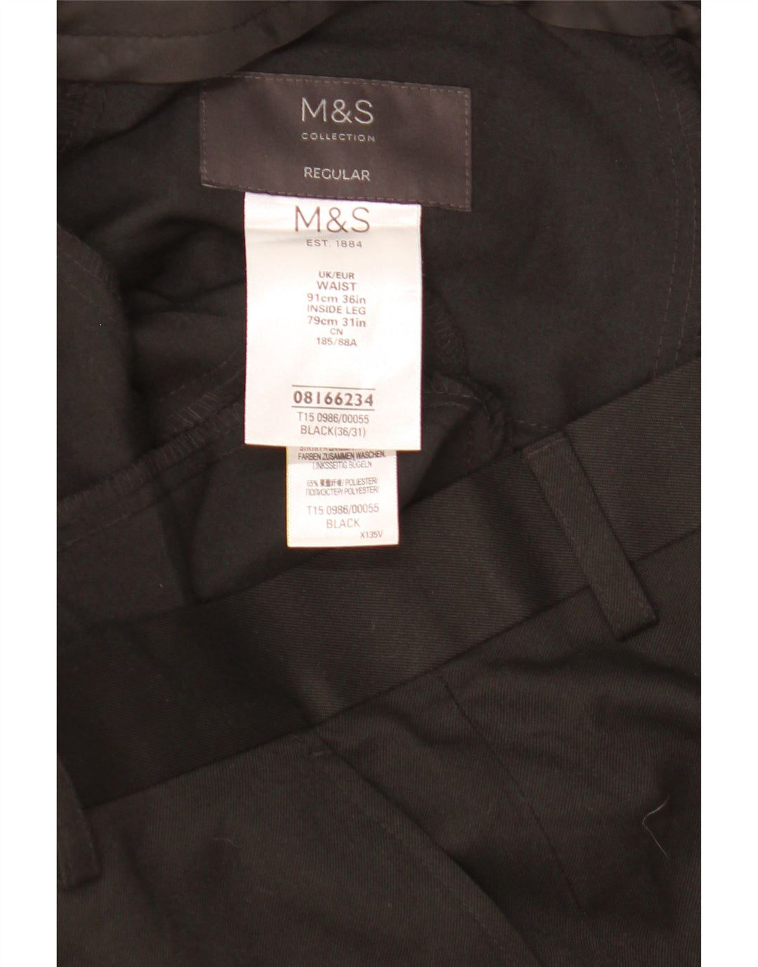 Marks & Spencer Pantalón de traje regular para hombre W36 L25 Poliéster negro
