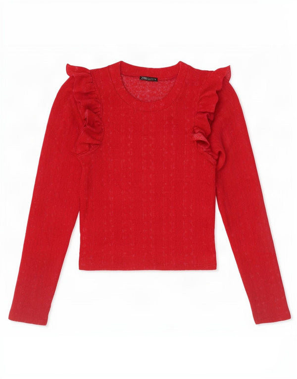 Zara Mujer Crop Ruffle Front Top Manga Larga UK 8 Small Rojo